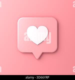Abstrait rose pastel couleur rose notification de médias sociaux amour comme icône de coeur dans la broche carrée arrondie isolé sur fond de mur rose avec rendu 3D ombre Banque D'Images