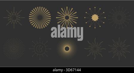 Sun line boho Sunrise Gold logo icône art Moon Sunburst définir un contour éclatant. Il se marie avec un design magique et léger. Un élément céleste minimaliste. Illustration de Vecteur