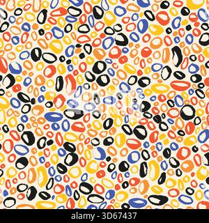 Motif Doodle Doodle Dots abstrait coloré avec texture grunge. Cercles grunge dessinés à la main avec texture de pinceau rugueuse et formes abstraites ludiques. Dynamique Illustration de Vecteur