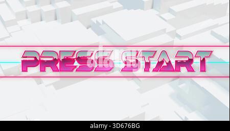 Affiche une bannière DE DÉMARRAGE DE PRESSE rose stylisée centrée dans un paysage urbain virtuel rétro, avec des stries cyan Banque D'Images
