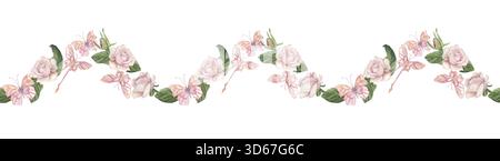 Bordure sans couture avec roses roses, feuilles vertes et papillons. Illustration d'aquarelle dessinée à l'aquarelle dans le style botanique. Pour la conception d'emballage Banque D'Images