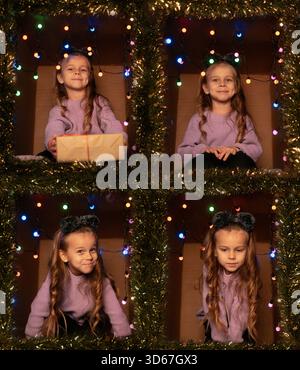 Collage de quatre photos de Noël représentant une fille dans un pull violet assise dans une boîte en carton décorée de lumières de vacances. Banque D'Images