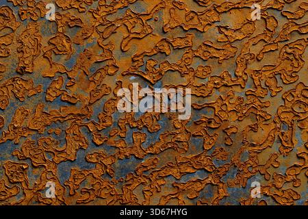 Fond abstrait avec une vieille surface métallique rouillée, gros plan. Texture métallique rouillée orange usée Banque D'Images