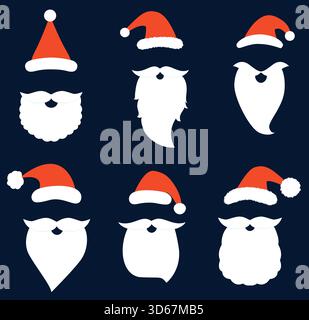 Ensemble de vecteur avec chapeaux de Père Noël, barbes et moustaches pour accessoires de cabine photo, décor de Noël et cartes de voeux de vacances Illustration de Vecteur
