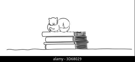 Mignon chat endormi sur pile de livres minimaliste One Line Art illustration Illustration de Vecteur