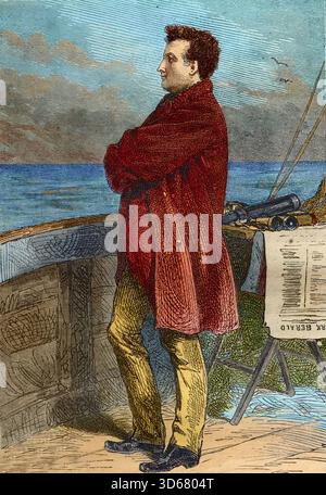 Professeur Pierre Aronnax - vingt mille lieues sous les mers - 20 000 ligues sous les mers - ' le professeur Pierre Aronnax observe scrupuleusement l'océan à bord de l'Abraham Lincoln, espérant repérer le monstre sous-marin . Vingt mille lieues sous les mers (vingt-mille - 20 000 - 20000) de Jules Verne. gravure Banque D'Images