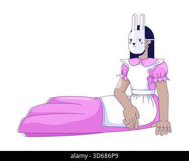 Fille dans le masque de lapin assis dans la robe à volants avec tablier 2D personnage de dessin animé Illustration de Vecteur