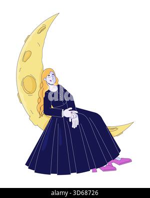 Femme victorienne rêveuse appuyée sur le personnage de dessin animé 2D de lune en croissant Illustration de Vecteur