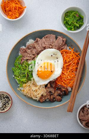 Bibimbap - riz coréen avec du bœuf, des légumes et des œufs frits Banque D'Images