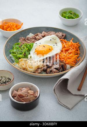Bibimbap - riz coréen avec du bœuf, des légumes et des œufs frits Banque D'Images