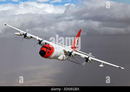 Lockheed C-130A Hercules (N117TG) exploité par International Air Response lors d'une mission de photographie air-air au-dessus de l'Arizona. Ce Hercules de premier modèle, série 182-3018, est capturé en vol au-dessus du paysage désertique, mettant en valeur le profil distinctif et la conception traditionnelle du transport à turbopropulseurs à quatre moteurs classique Banque D'Images
