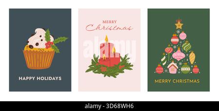 Ensemble de cartes postales de Noël dessinées à la main avec cupcake, bougies allumées, et ornement abstrait décoré illustration vectorielle d'arbre de Noël Illustration de Vecteur