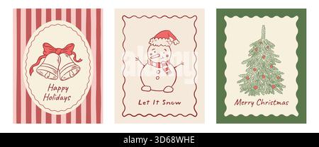 Ensemble de cartes de voeux vintage de Noël avec cloches, bonhomme de neige et illustration vectorielle d'arbre de Noël. Carte postale de vacances d'hiver, affiche. arrière-plan Illustration de Vecteur