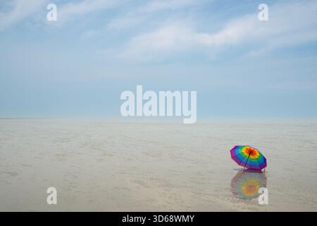 Un parapluie solitaire et éclatant de couleur arc-en-ciel se trouve sur une vase humide et sablonneuse sous un ciel doux et nuageux, créant un reflet. Banque D'Images