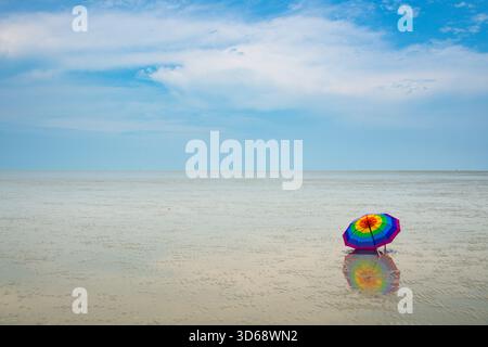Un parapluie solitaire et éclatant de couleur arc-en-ciel se trouve sur une vase humide et sablonneuse sous un ciel doux et nuageux, créant un reflet. Banque D'Images