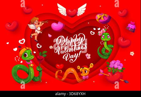 Carte de vœux de Saint-Valentin découpée en papier avec un fond de coeur rouge profond superposé avec des serpents de dessins animés romantiques, un Cupidon jouant une flûte et des éléments sur le thème de l'amour comme le chocolat, les roses, les coeurs ou les cadeaux Illustration de Vecteur