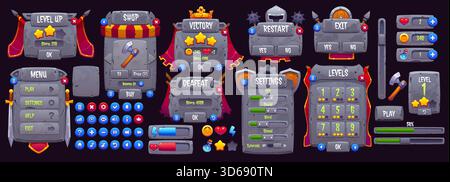 Actif d'interface de jeu de chevalier royal médiéval. Panneau de pierre d'interface utilisateur de vecteur, épée et bouclier décoré menu. Bannières de dessin animé d'interface de jeu royal et panneau de boutique de château médiéval, écran de victoire et barre de progression Illustration de Vecteur