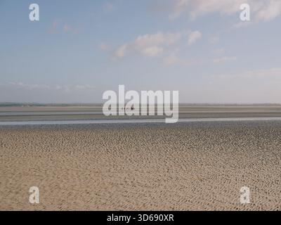 Figures lointaines lors d'une visite guidée à travers les sables de marée à marée basse dans la baie du Mont Saint Michel, Avranches, Manche, Normandie France UE Banque D'Images