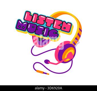 Écouter de la musique Y2K Groovy autocollant ou étiquette. Festival de musique Sound funky label, enregistrement de mélodie d'art musical Y2K rétro tag vectoriel. Patch audio radio ou autocollant avec casque et typographie funky Illustration de Vecteur