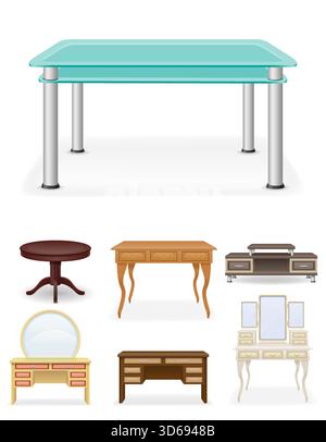 beaucoup de différents meubles de table illustration vectorielle stock de dessin animé isolé sur fond blanc Illustration de Vecteur