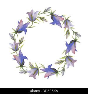 Couronne d'aquarelle de fleurs bleues violettes. L'illustration botanique est isolée sur fond blanc. Un modèle rond de fleur sauvage Banque D'Images