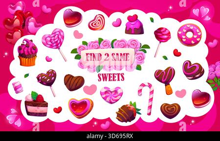 Trouvez deux mêmes bonbons de jour de la Saint-Valentin jeu de bonbons. Feuille de travail de jeu pour enfants de vecteur de repérage de différence de Saint-Valentin. Énigme de recherche d'objets avec cupcake, beignet, gâteau et biscuits, sucreries à la sucette et à la canne Illustration de Vecteur