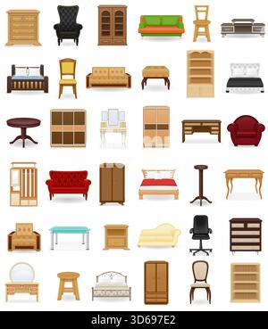 beaucoup de différents meubles de maison illustration vectorielle stock de dessin animé isolé sur fond blanc Illustration de Vecteur