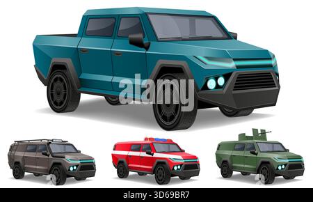 automobile de voiture hors route pour surmonter les restrictions et effectuer des tâches spéciales illustration vectorielle stock de dessin animé isolé sur fond blanc Illustration de Vecteur