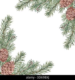 Branches de sapin avec cônes cadre carré, bordure. Compositions de coin avec plantes d'hiver. Illustration d'aquarelle dessinée à la main de pin. Parfait pour Banque D'Images
