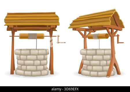 puits pour l'eau en pierre avec toit en bois dessin animé stock illustration vectorielle isolée sur fond blanc Illustration de Vecteur
