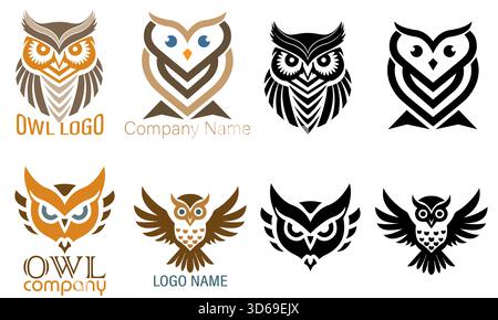 logo owl créatif et original pour votre entreprise ou entreprise ensemble logotype dessin animé couleur stock et illustration vectorielle noir et blanc isolé sur blanc Illustration de Vecteur