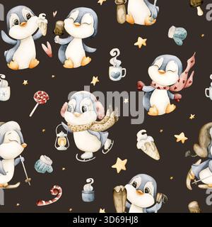Motif sans coutures pingouins mignons Winter Fun Sports. Illustration dessinée à la main à l'aquarelle isolée sur fond sombre pour Noël de conception nord ou Valenti Banque D'Images