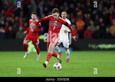 Cardiff, Royaume-Uni. 18 novembre 2025. David Brooks du pays de Galles en action. Pays de Galles - Macédoine du Nord, match de qualification du groupe J de la Coupe du monde de la FIFA au stade de Cardiff à Cardiff, pays de Galles du Sud, mardi 18 novembre 2025. Usage éditorial exclusif. photo par Andrew Orchard/Andrew Orchard photographie sportive/Alamy Live News crédit : Andrew Orchard photographie sportive/Alamy Live News Banque D'Images