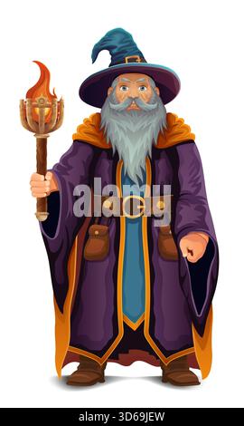 ancien sorcier magique fantaisie sorcier sorcier homme âgé avec barbe dans le chapeau et illustration vectorielle de dessin animé cape isolé sur fond blanc Illustration de Vecteur