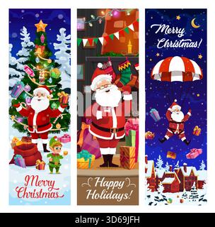 Bannières de Noël avec des personnages drôles de Père Noël. Vecteur elfe avec Santa rester près de l'arbre de Noël festif. Joyeux Père Noël avec biscuit et lait. Le Père Noël parachute du ciel nocturne avec des cadeaux de vacances Illustration de Vecteur