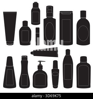 Collection de silhouettes de bouteilles cosmétiques isolées sur blanc Illustration de Vecteur