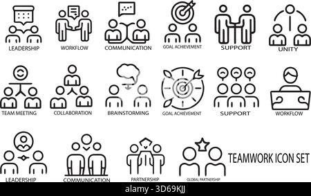 Jeu d'icônes de travail d'équipe : icônes de ligne minimales pour la collaboration et le leadership Illustration de Vecteur