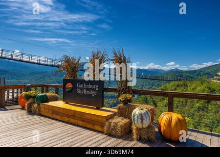 Gatlinburg, Tennessee, États-Unis - 2 octobre 2025 : panneau Gatlinburg Skybridge près de l'entrée du plus long pont piéton en Amérique du Nord Banque D'Images