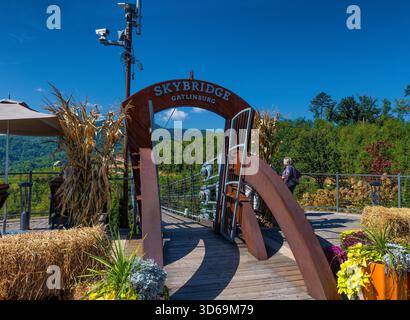 Gatlinburg, Tennessee, États-Unis - 2 octobre 2025 : intérêt pour le Skybridge à Sky Park, le plus long pont piéton en Amérique du Nord. Banque D'Images
