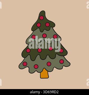 Icône d'arbre de Noël. Illustration en couleur dessinée à la main. Contour noir. Conception pour cartes postales, flyers. Icône, badge, étiquette autocollante Illustration de Vecteur