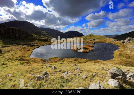 Vue sur Sprinkling Tarn sur Seathwaite Fell, Lake District National Park, Cumbria, Angleterre, Royaume-Uni Banque D'Images
