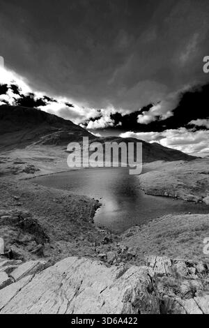 Vue sur Sprinkling Tarn sur Seathwaite Fell, Lake District National Park, Cumbria, Angleterre, Royaume-Uni Banque D'Images
