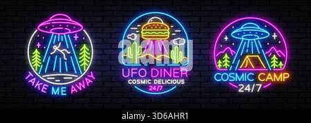 Ensemble de trois enseignes de néon présentant des thèmes d'OVNI avec texte Take me Away, UFO Diner Cosmic Delicious 24 7 et Cosmic Camp 24 7. Icônes brillantes dans Illustration de Vecteur