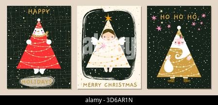 Ensemble vectoriel de cartes de Noël géométriques mignonnes avec le Père Noël drôle, l'ange et le bonhomme de neige en forme d'arbre de Noël avec des lumières, avec BA sombre élégant Illustration de Vecteur