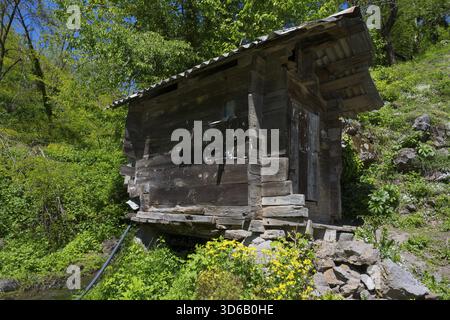 Une vieille cabane en bois se dresse sur une colline rocheuse entourée de végétation verte et de fleurs sauvages, ancien moulin à eau Adjarian près de Khulo, Chulo, Républicain autonome Banque D'Images