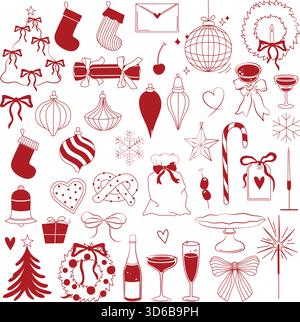 Collection de grands éléments de Noël dessinés à la main avec des noeuds et des cadeaux, des ornements et des bas, canne de bonbons, scintillant, champagne Illustration de Vecteur