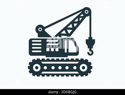 Icône de vecteur plat de grue sur chenilles de construction de levage isolé sur fond blanc. Modèle de conception pour logotype, pictogramme, autocollant, signe, web et M. Illustration de Vecteur
