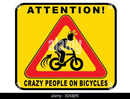 Panneau d'avertissement sur les cyclistes imprudents et imprudents. Panneau d'avertissement vectoriel sur les zones piétonnes dans les parcs et les places où les jeunes à vélo roulent env Illustration de Vecteur