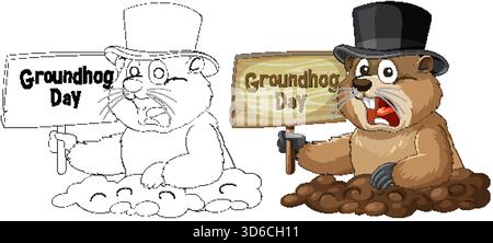 Marmotte de dessin animé dans le chapeau haut de gamme tenant le signe en bois, les versions colorées et de contour, le style vectoriel Illustration de Vecteur