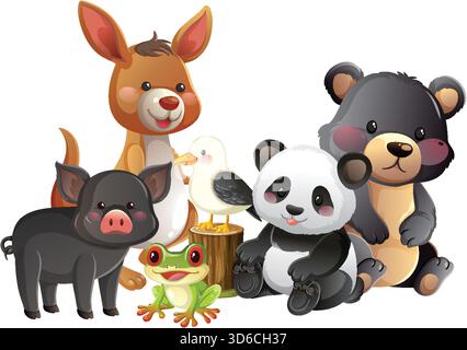 Kangourou de dessin animé, porcelet, grenouille, panda, ours, et oiseau dans le style d'illustration vectorielle coloré Illustration de Vecteur